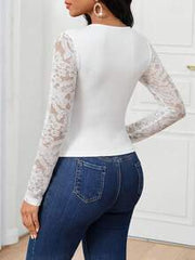 SHEIN Lady Women's Elegant Solid Color Lace Patchwork T-Shirt