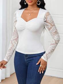 SHEIN Lady Women's Elegant Solid Color Lace Patchwork T-Shirt