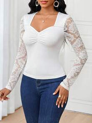 SHEIN Lady Women's Elegant Solid Color Lace Patchwork T-Shirt