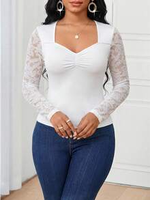 SHEIN Lady Women's Elegant Solid Color Lace Patchwork T-Shirt