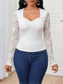 SHEIN Lady Women's Elegant Solid Color Lace Patchwork T-Shirt