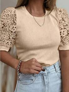 Women's Elegant Solid Color Knit Fabric Lace Patchwork Short Sleeve T-Shirt