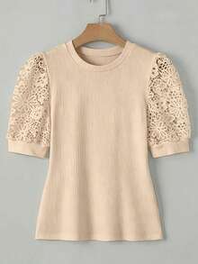 Women's Elegant Solid Color Knit Fabric Lace Patchwork Short Sleeve T-Shirt