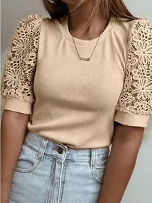 Women's Elegant Solid Color Knit Fabric Lace Patchwork Short Sleeve T-Shirt