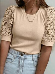Women's Elegant Solid Color Knit Fabric Lace Patchwork Short Sleeve T-Shirt