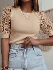 Women's Elegant Solid Color Knit Fabric Lace Patchwork Short Sleeve T-Shirt
