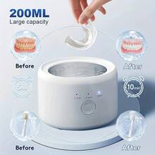 1pc 50Hz Ultrasonic Dental Cleaner, 200ml Denture Cleaning Solution, 3 Modes With Digital Timer, Suitable For Braces, Retainers, Orthodontic Appliances, Toothbrushes, Jewelry Cleaning