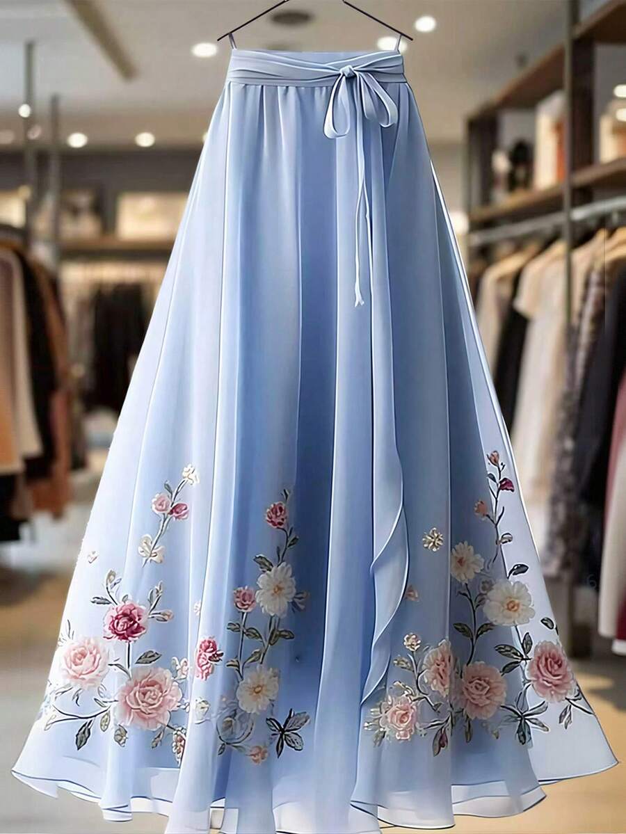 Ženska letnja svetloplava šifon suknja A-kroja, elegantna sa cvetnim vezom