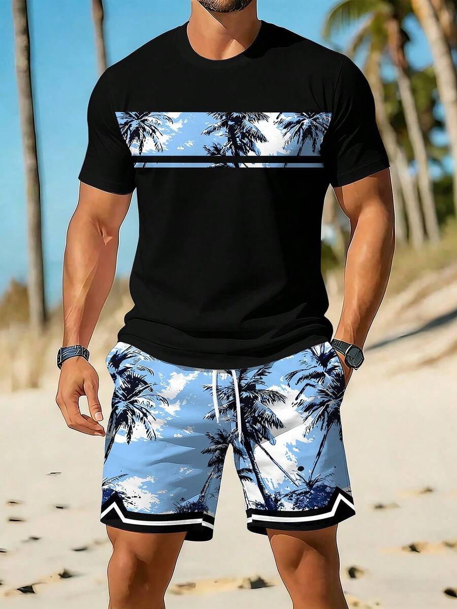 Muški crni letnji set za odmor na plaži sa printom palme