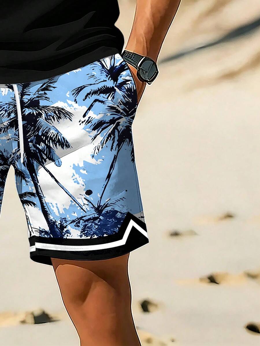 Muški crni letnji set za odmor na plaži sa printom palme