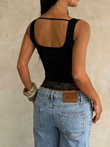 Summer Top, Black Lace Stitching Camisole, Summer Commute, Women's Casual Street Daily Crop Top, Music Festival Outfit, Nightlife, Women's Outing Top