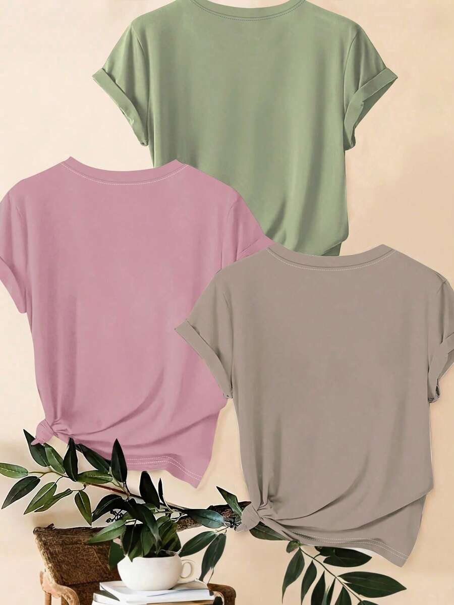 3 kom/set letnjih majica: ležerna majica plus size sa leopard printom, srcem i slogan grafikom