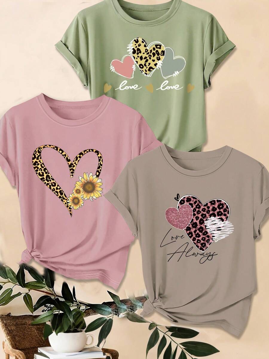 3 kom/set letnjih majica: ležerna majica plus size sa leopard printom, srcem i slogan grafikom
