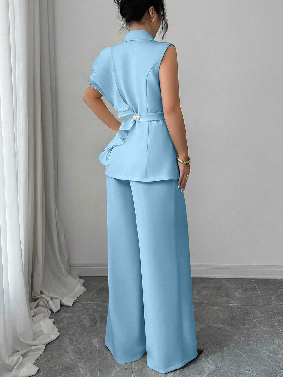 Ženski elegantni letnji luksuzni set -blejzer sa volanim kragnom i vezivanjem u struku uz pantalone