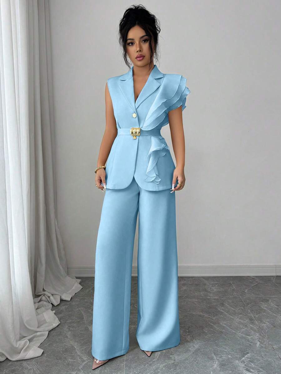 Ženski elegantni letnji luksuzni set -blejzer sa volanim kragnom i vezivanjem u struku uz pantalone