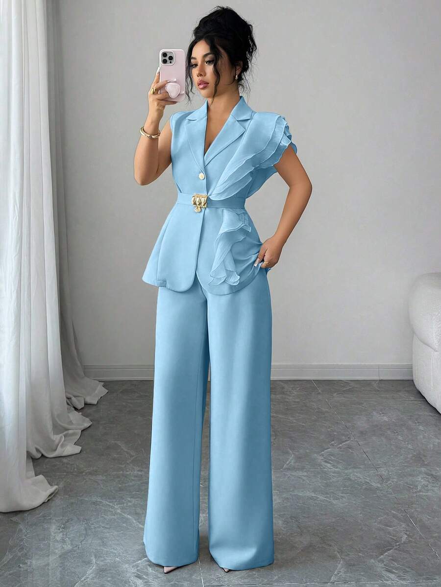 Ženski elegantni letnji luksuzni set -blejzer sa volanim kragnom i vezivanjem u struku uz pantalone