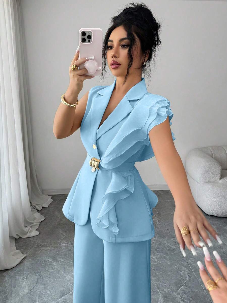 Ženski elegantni letnji luksuzni set -blejzer sa volanim kragnom i vezivanjem u struku uz pantalone