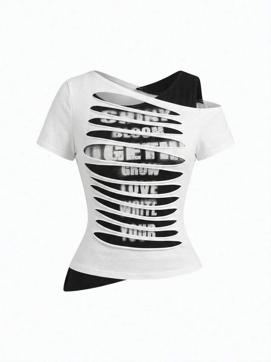 ROMWE Grunge Punk Y2K Sexy Babe Asymmetric Hem Letter Print Cropped Shoulder Design Fitted Women T-Shirt