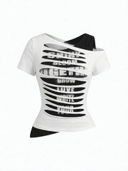 ROMWE Grunge Punk Y2K Sexy Babe Asymmetric Hem Letter Print Cropped Shoulder Design Fitted Women T-Shirt