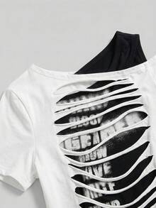 ROMWE Grunge Punk Y2K Sexy Babe Asymmetric Hem Letter Print Cropped Shoulder Design Fitted Women T-Shirt