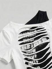 ROMWE Grunge Punk Y2K Sexy Babe Asymmetric Hem Letter Print Cropped Shoulder Design Fitted Women T-Shirt