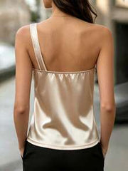 EMERY ROSE Women's Elegant Vacation Style Solid Color Satin One-Shoulder Metallic Decor Blouse