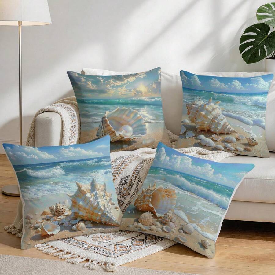 4 komada dekorativnih navlaka za jastuke sa printom plavog okeana i plaže, 45*45cm