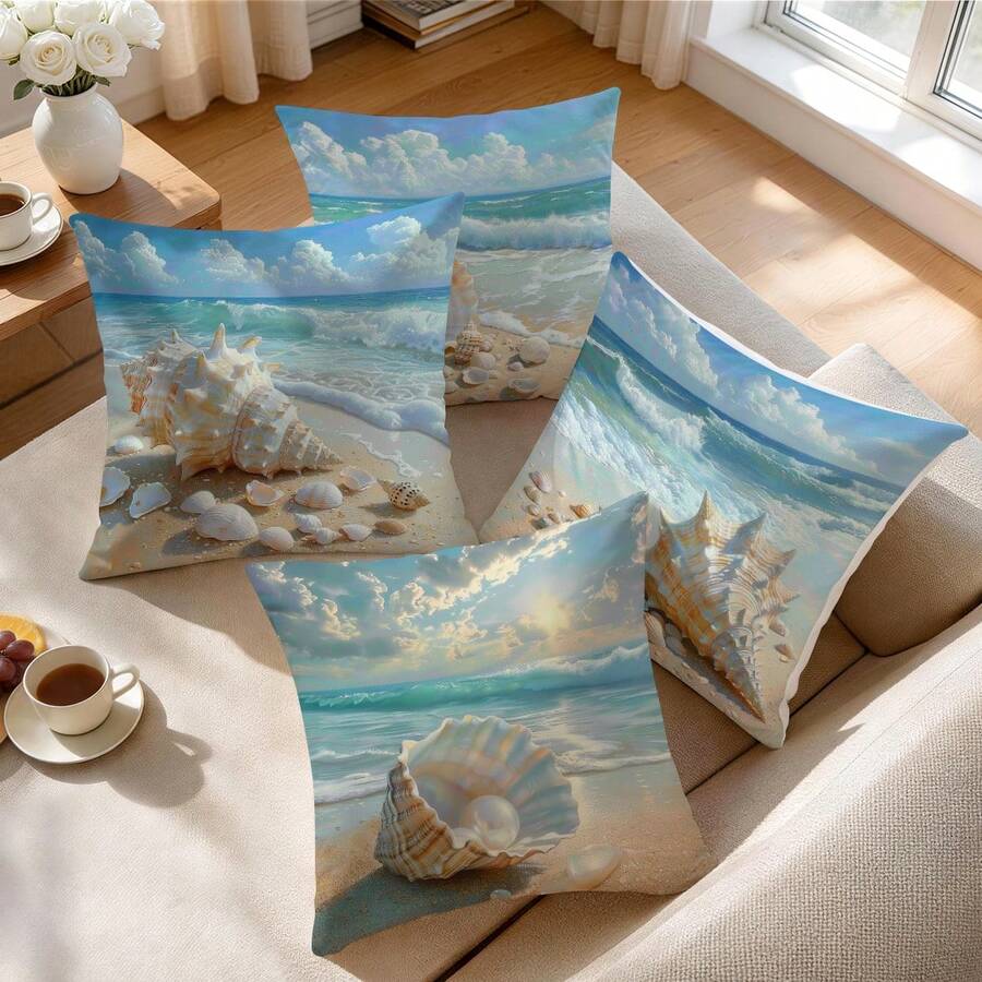 4 komada dekorativnih navlaka za jastuke sa printom plavog okeana i plaže, 45*45cm
