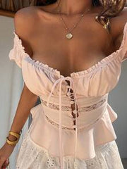 DAZY Contrast Lace Frill Trim Short Sleeve Casual Vacation Blouse For Women