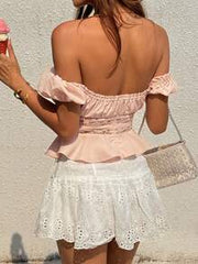 DAZY Contrast Lace Frill Trim Short Sleeve Casual Vacation Blouse For Women