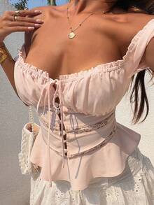 DAZY Contrast Lace Frill Trim Short Sleeve Casual Vacation Blouse For Women