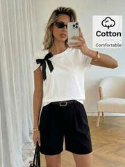 Easowa Women's White Cotton T-Shirt, Chic Shoulder Bow Detail Round Neck Short Sleeve Top
