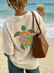Women's Tropical Sea Turtle Print Loose Casual Round Neck Short Sleeve Vacation Top, Summer