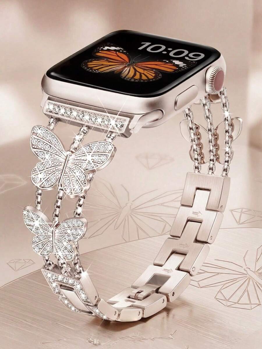 Luksuzna ženska narukvica za sat sa kristalima i leptir motivom, kompatibilna sa Apple Watch 38mm 40mm 41mm 42mm 44mm 45mm 46mm 49mm