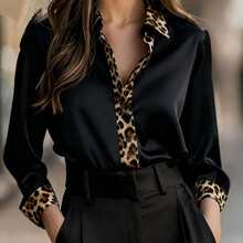 Women's Elegant Leopard Print Trim Satin Long Sleeve Shirt, Lapel Button Detail, Made Of Soft Comfortable Woven Fabric, Regular Fit Top Black