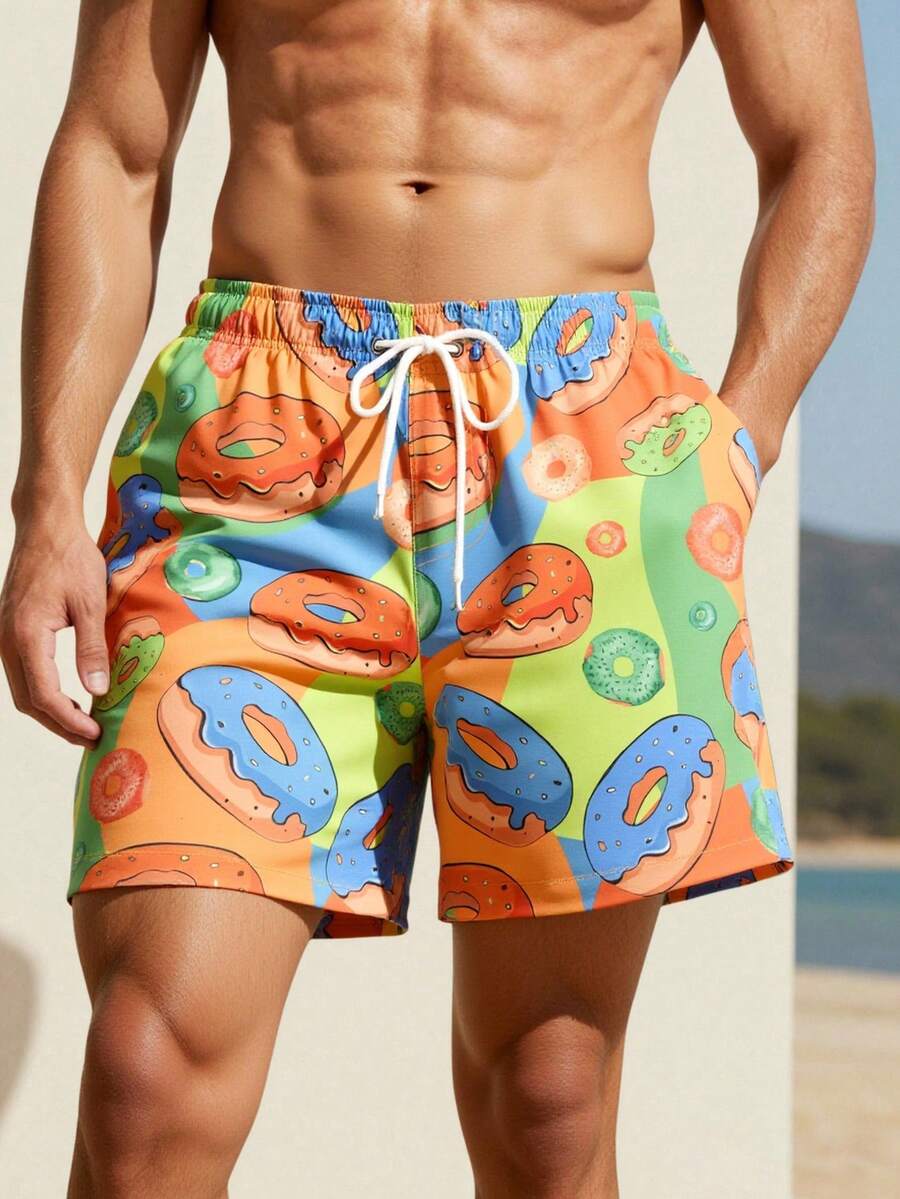 Muški šorts za plažu za plivanje sa printom krofni, havajski stil, za odmor