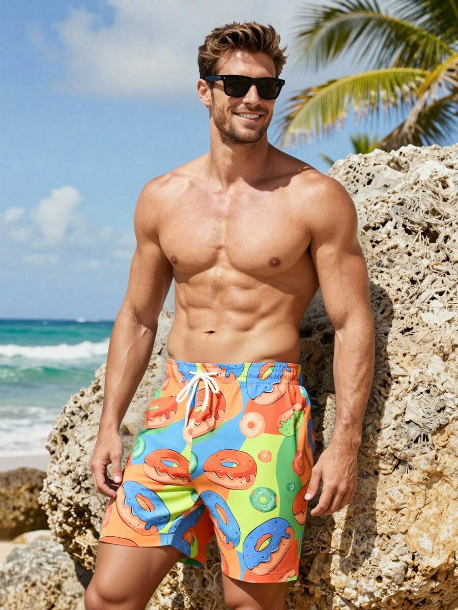 Muški šorts za plažu za plivanje sa printom krofni, havajski stil, za odmor