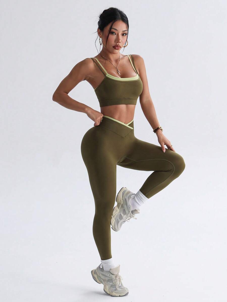 Bešavni ženski set za fitnes i svaki dan, visoko elastičan, sportski, sa efektom zatezanja struka i podizanja zadnjice
