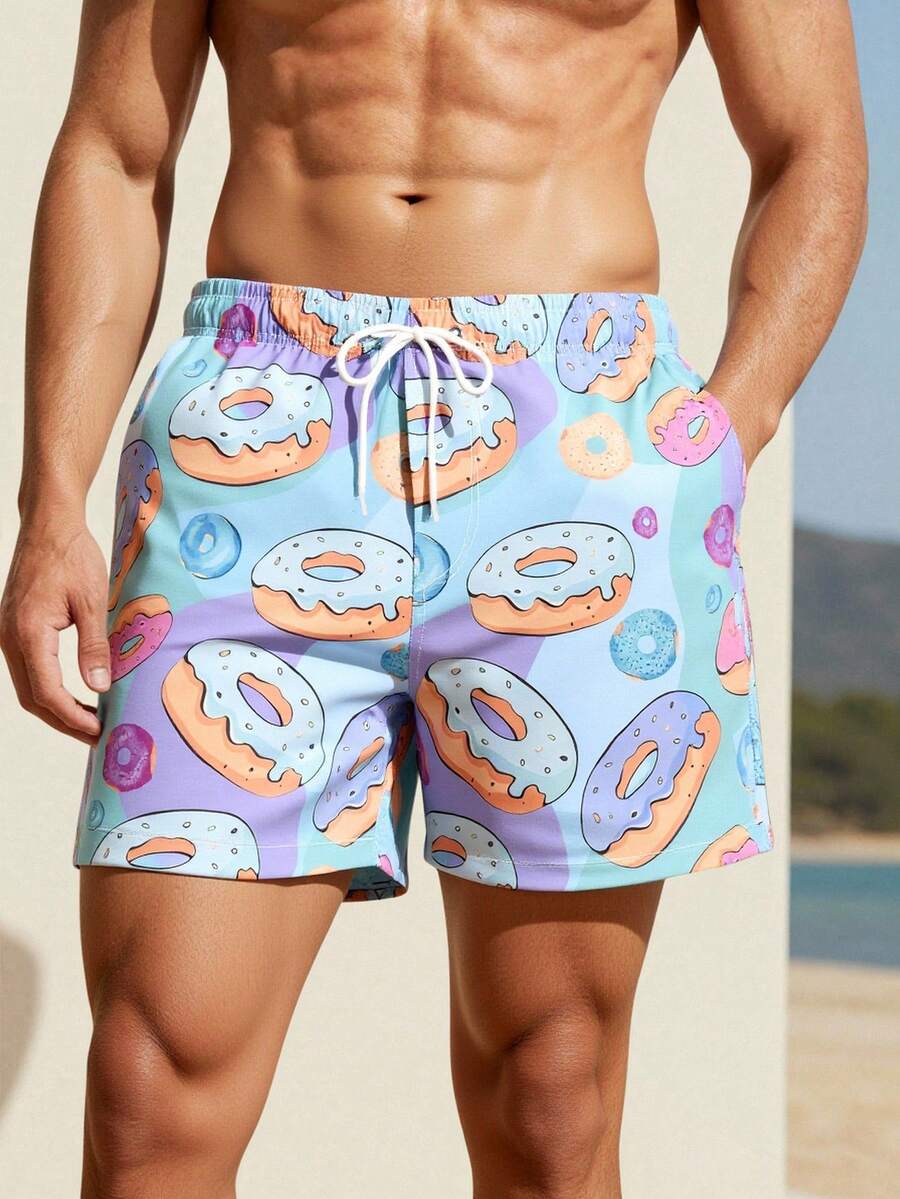 Muški šorts za plažu za plivanje sa printom krofni, havajski stil, za odmor