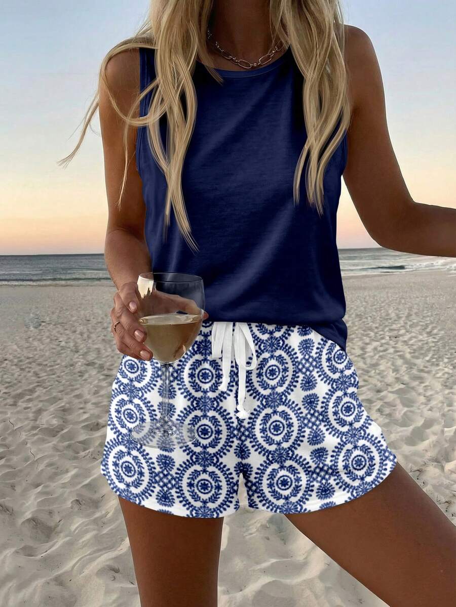 Ženski Casual  komplet - Top sa Okruglim Izrezom i Šorts