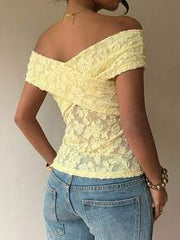 Siren Gaze Jacquard Knit Floral Casual Minimalist Vacation Sexy Commute Elegant Romantic Retro Print Pattern, Commute , Beach , Vacation , Women's Summer , Cross Collar Design Women T-Shirt, Summer Top