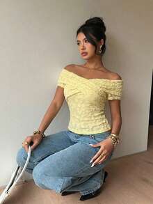 Siren Gaze Jacquard Knit Floral Casual Minimalist Vacation Sexy Commute Elegant Romantic Retro Print Pattern, Commute , Beach , Vacation , Women's Summer , Cross Collar Design Women T-Shirt, Summer Top