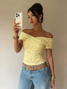 Siren Gaze Jacquard Knit Floral Casual Minimalist Vacation Sexy Commute Elegant Romantic Retro Print Pattern, Commute , Beach , Vacation , Women's Summer , Cross Collar Design Women T-Shirt, Summer Top