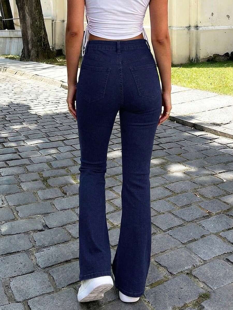 Ženske Svakodnevne Pantalone sa Rajsferšlusom i Dugmetom – Široke Nogavice, Prirodni Struk