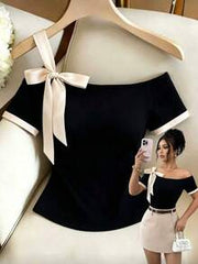Elenzga Women's Off-Shoulder Short Sleeve Knit T-Shirt With Contrast Color Cuffs, Elastic Waist Fitted Tee, French Elegant Bowknot Strap Design