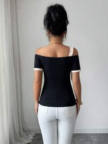 Elenzga Women's Off-Shoulder Short Sleeve Knit T-Shirt With Contrast Color Cuffs, Elastic Waist Fitted Tee, French Elegant Bowknot Strap Design