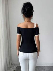 Elenzga Women's Off-Shoulder Short Sleeve Knit T-Shirt With Contrast Color Cuffs, Elastic Waist Fitted Tee, French Elegant Bowknot Strap Design