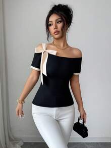 Elenzga Women's Off-Shoulder Short Sleeve Knit T-Shirt With Contrast Color Cuffs, Elastic Waist Fitted Tee, French Elegant Bowknot Strap Design