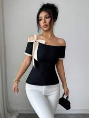 Elenzga Women's Off-Shoulder Short Sleeve Knit T-Shirt With Contrast Color Cuffs, Elastic Waist Fitted Tee, French Elegant Bowknot Strap Design