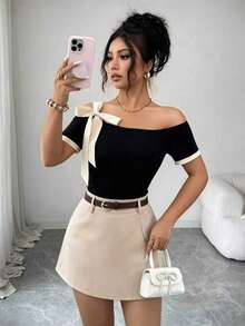 Elenzga Women's Off-Shoulder Short Sleeve Knit T-Shirt With Contrast Color Cuffs, Elastic Waist Fitted Tee, French Elegant Bowknot Strap Design